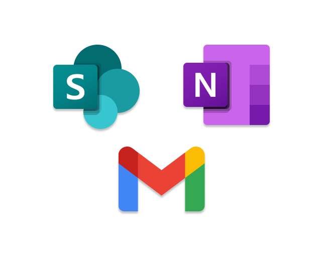 Logos of Sharepoint, OneNote, SharePoint, and Gmail